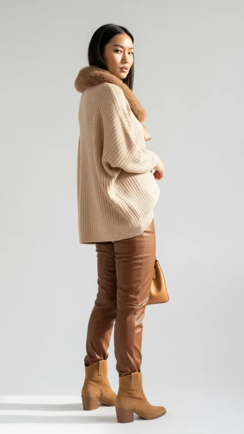 Pull Oversize Chic beige rosé  – Col Fausse Fourrure et Nœud Satin