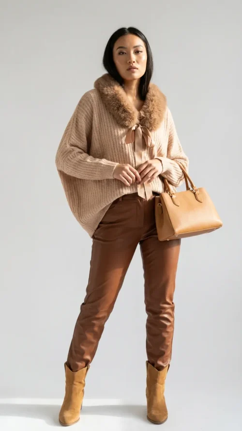 Pull Oversize Chic beige rosé  – Col Fausse Fourrure et Nœud Satin