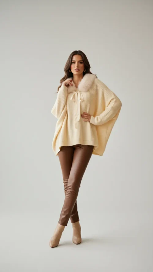 Pull oversize chic écru  – Col Fausse Fourrure & Nœud Satin