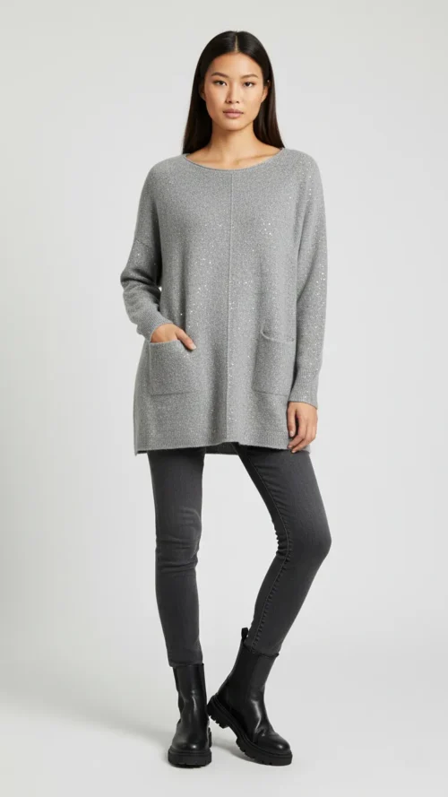 Pull long oversize gris à sequins