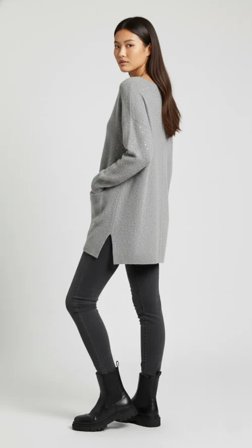 Pull long oversize gris à sequins