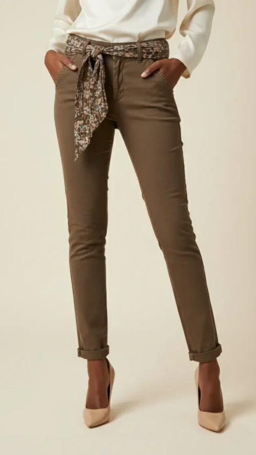 Slim marron femme avec ceinture imprimée