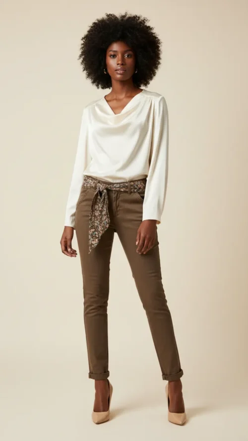 Slim marron femme avec ceinture imprimée