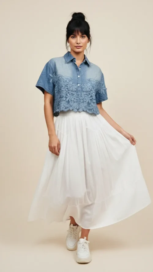 Chemise Cropped en Denim avec Broderies Florales Relief