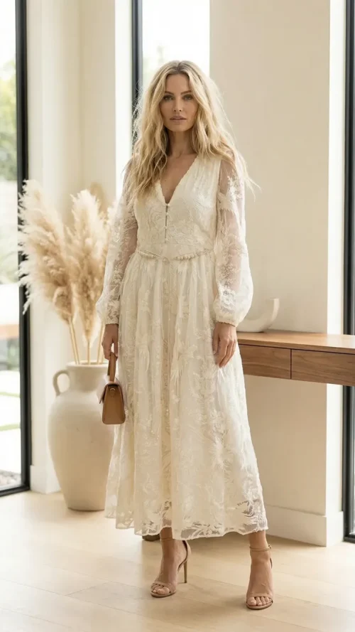 Robe Longue Dentelle Bohème Ivoire