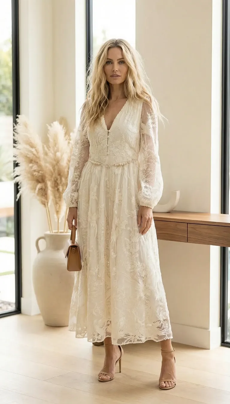 Robe Longue Dentelle Bohème Ivoire