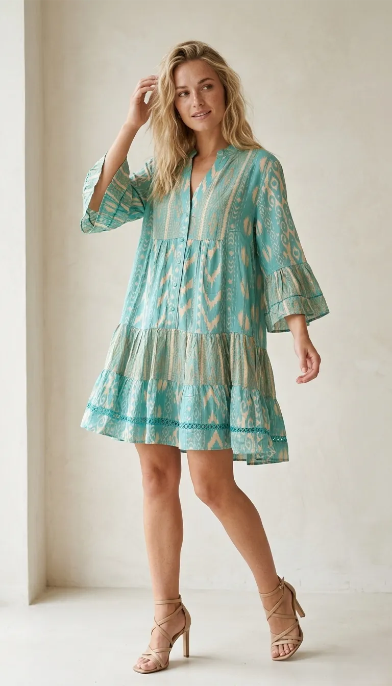 Robe Courte à Volants Turquoise