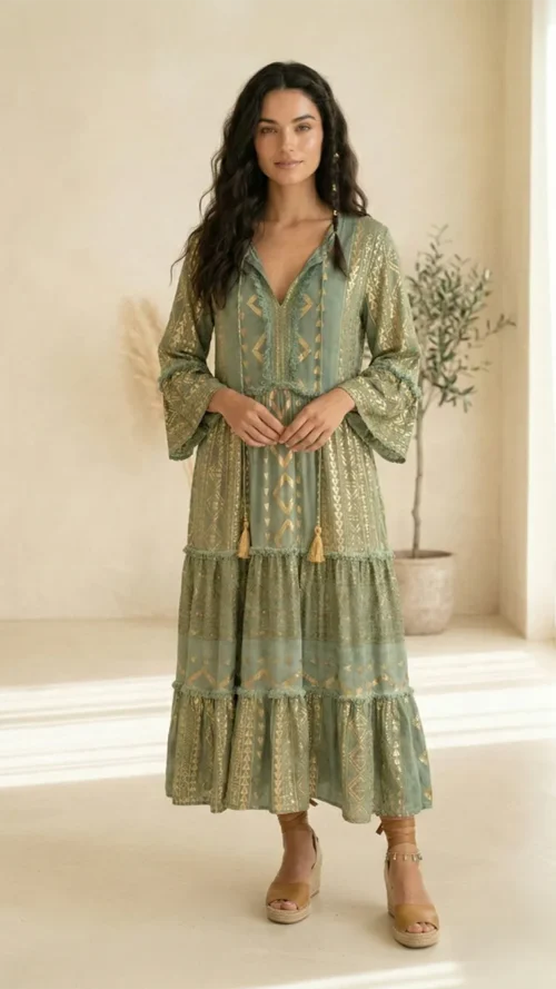 Robe Longue Vert Sauge & Or