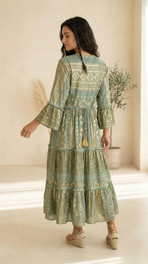 Robe Longue Vert Sauge & Or