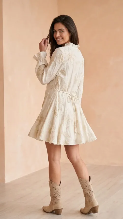 Robe Courte Bohème Ivoire à Broderies Florales