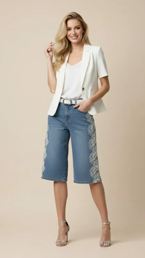 Pantacourt en Jean à Dentelle Blanche