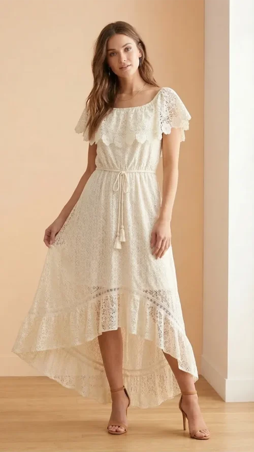 Robe Longue Bohème en Dentelle Asymétrique