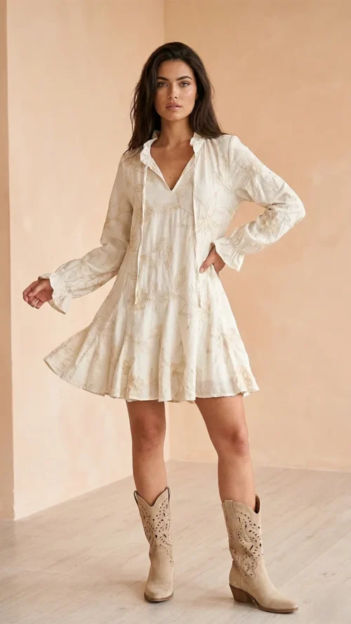 Robe Courte Bohème Ivoire à Broderies Florales