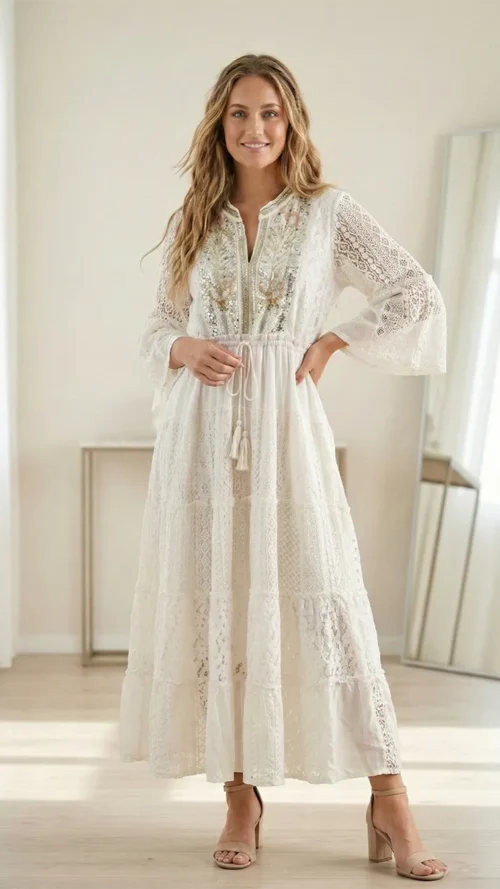 Robe Longue Bohème en Coton et Dentelle