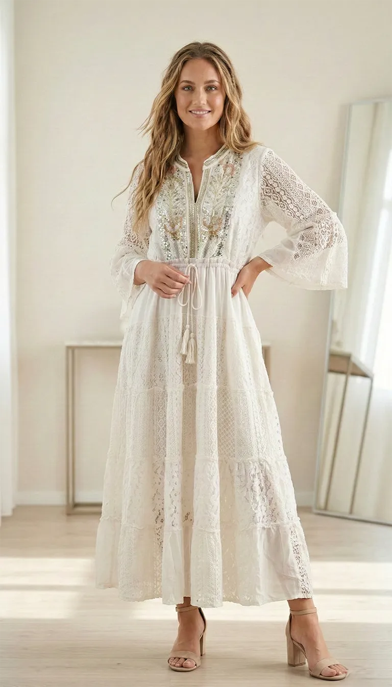 Robe Longue Bohème en Coton et Dentelle