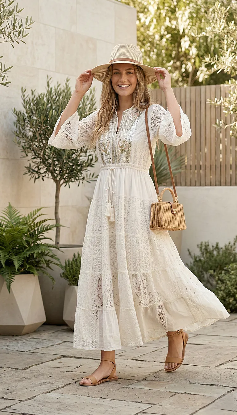 Robe Longue Bohème en Coton et Dentelle – Image 7